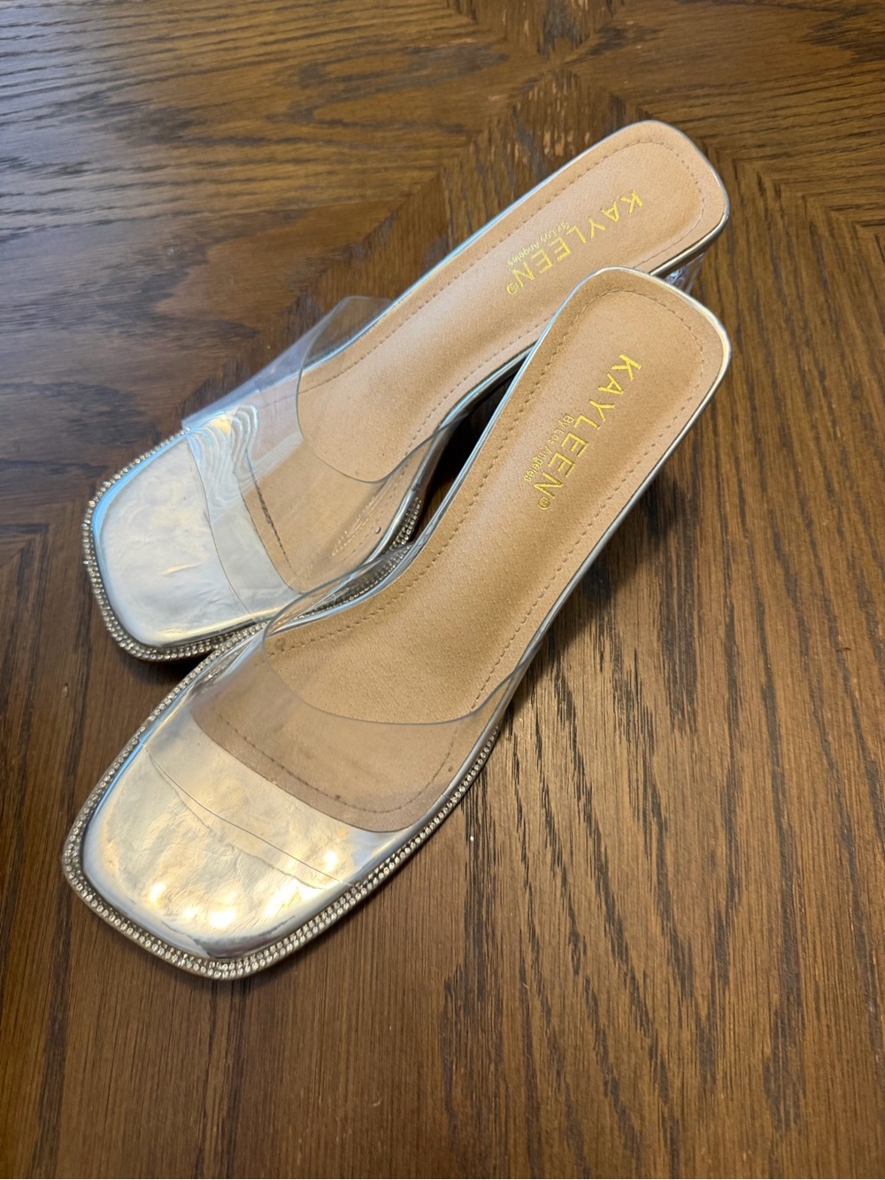 Kayleen Clear Strap Silver Slide Heels